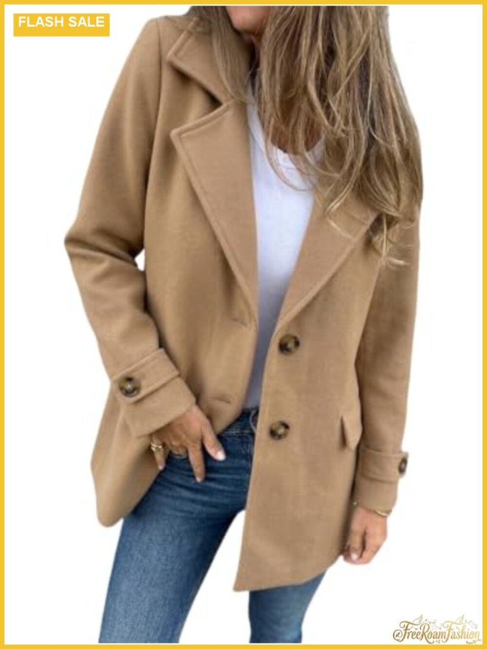 Wool Blend Pea Coat for Women Mid Length Notch Lapel Long Sleeve